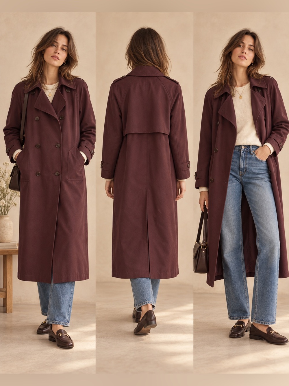 VTG Trench Coat Women’s Long Double Breasted Raincoat Deep Wine L